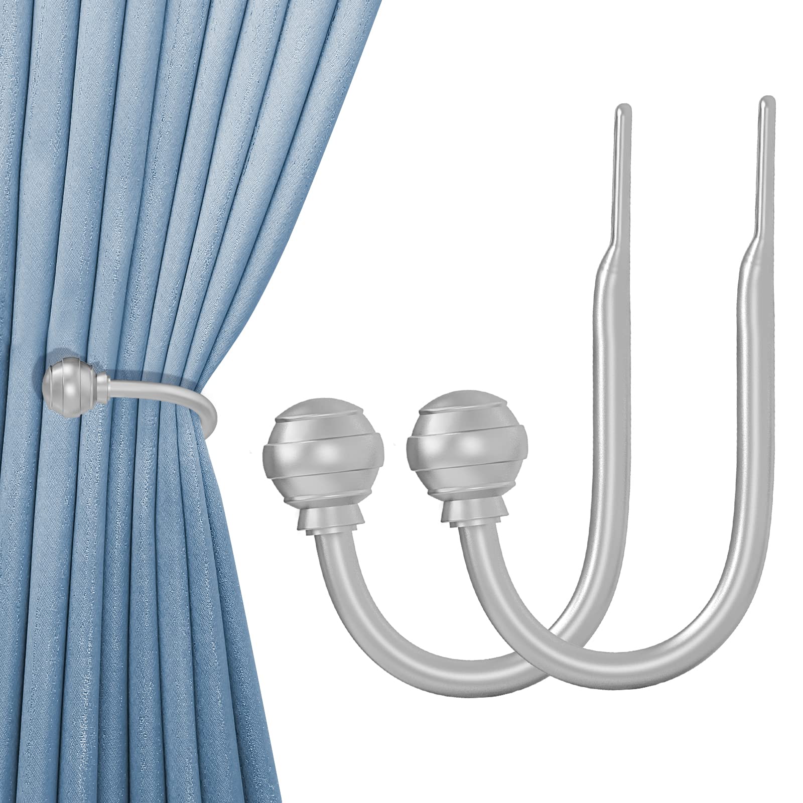 Hion Curtain Holdbacks Silver, 2pcs Wall-Mounted Metal Curtain Tie Backs Curtain Hooks Holders for Hanging Curtains Other Items