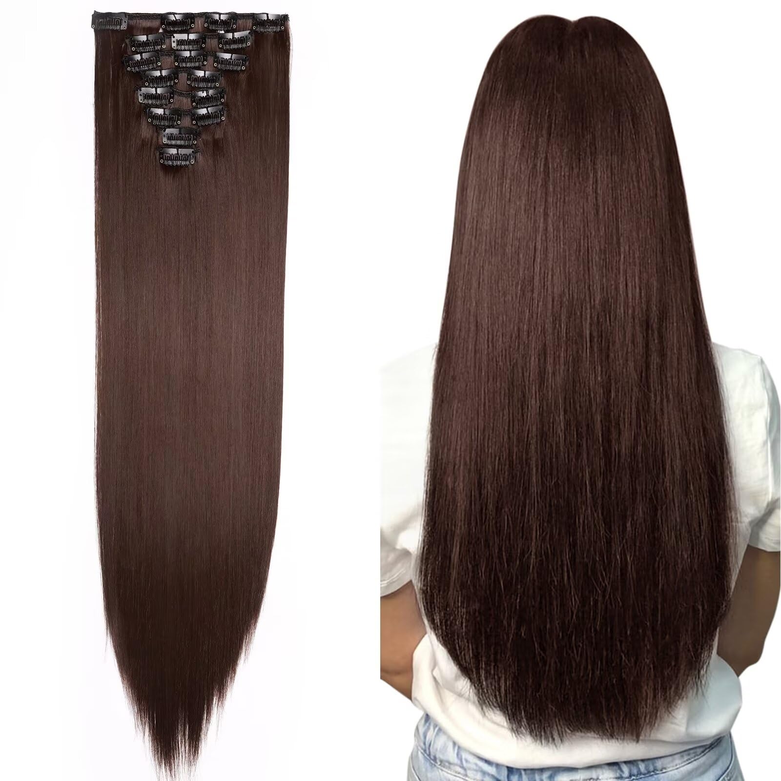 Silk-co 23" 8PCS Hairpiece Clip in Hair Extensions Light Brown 100% Synthetic Hair Piece Long Straight for Full Head — image 1