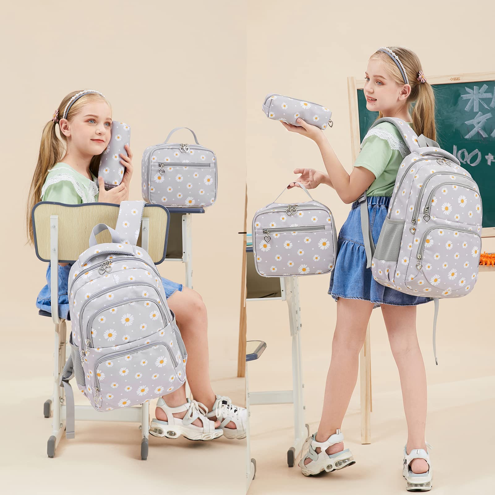 goldwheat Daisy Printed Backpacks With Lunch Pack Pencil Case 3pcs, Lightweight Water Resistant Bookbag For Middle School