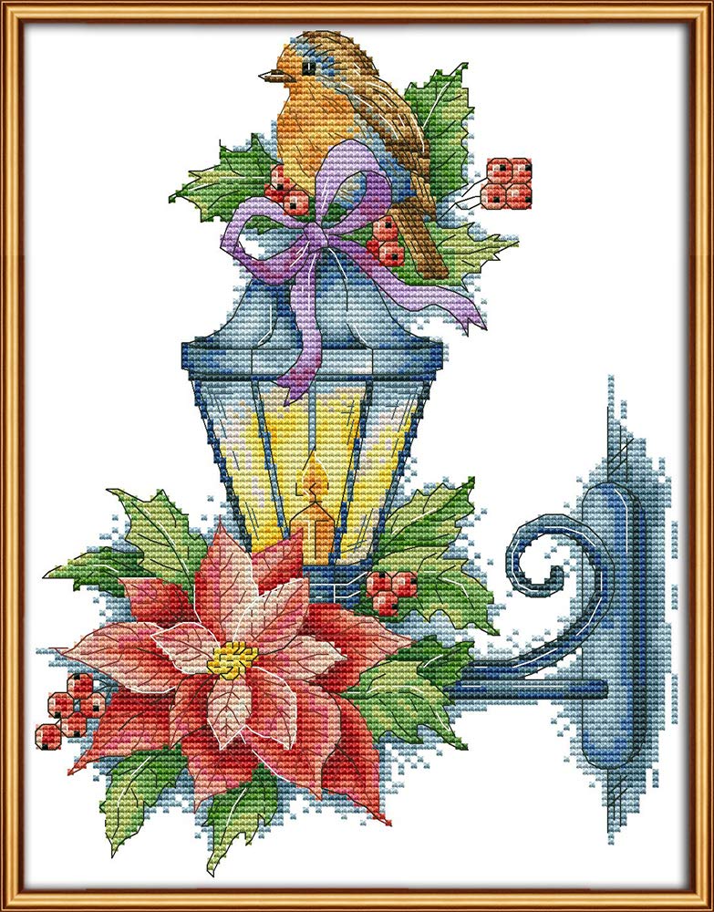CaptainCrafts Cross Stitch Kits, Counted Cross Stitch Unpreprinted 14CT Fabric Embroidery Kits Needlework Crafts (Unpreprinted 14CT, The Bird on The lamp)