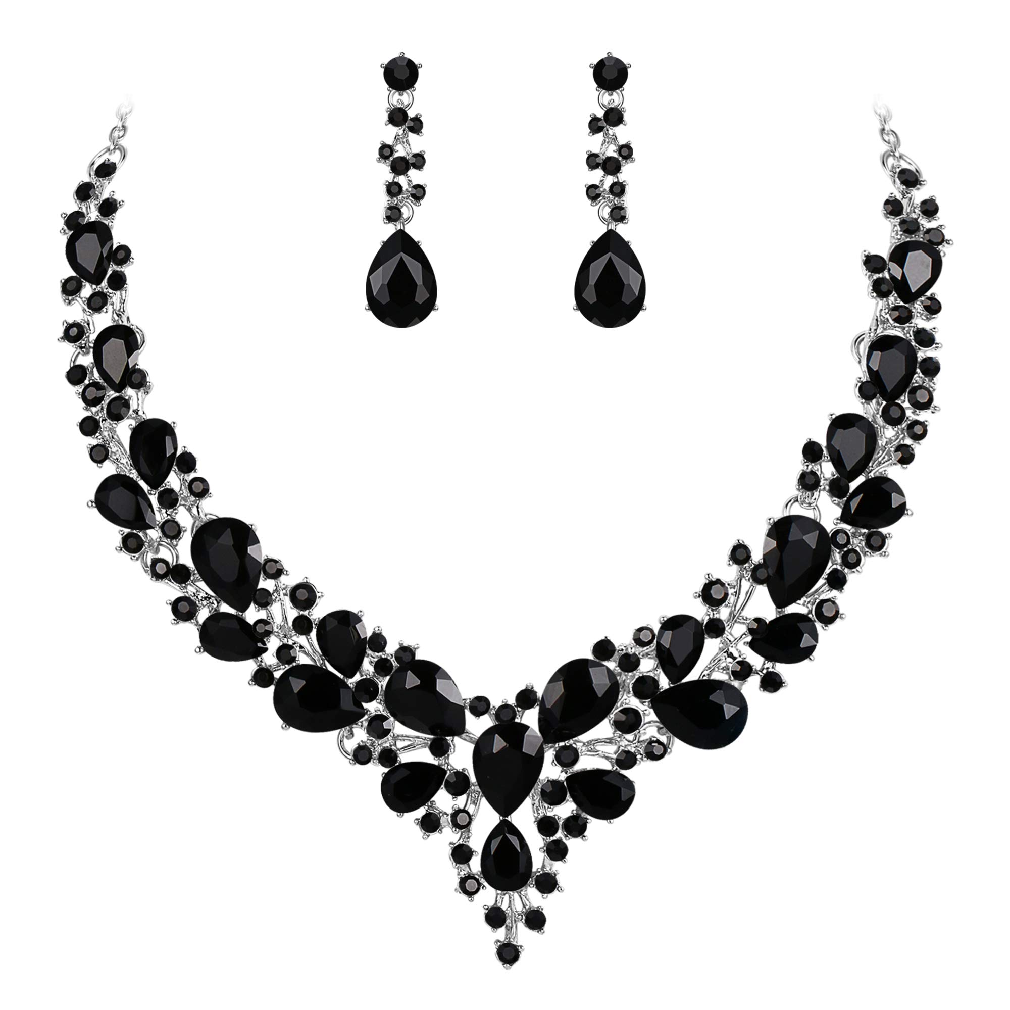 Ever Faith Wedding Bridal Crystal Sparkly Rhinestone Teardrop Cluster Statement Necklace Dangle Earrings Jewellery Set for Women Black Silver-Tone