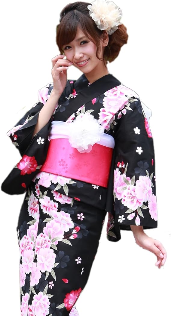 Amazon 浴衣 女 セット 黒地にピンク芍薬と小花 なでしこ ときめき 恋浴衣3点セット 浴衣 通販