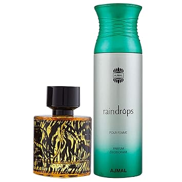 Maryaj Wild Stripes Eau De Parfum Aromatic Oriental Perfume 100ml for Men and Ajmal Raindrops Femme Deodorant Floral Chypre Fragrance 200ml for Women + 2 Parfum Testers FREE