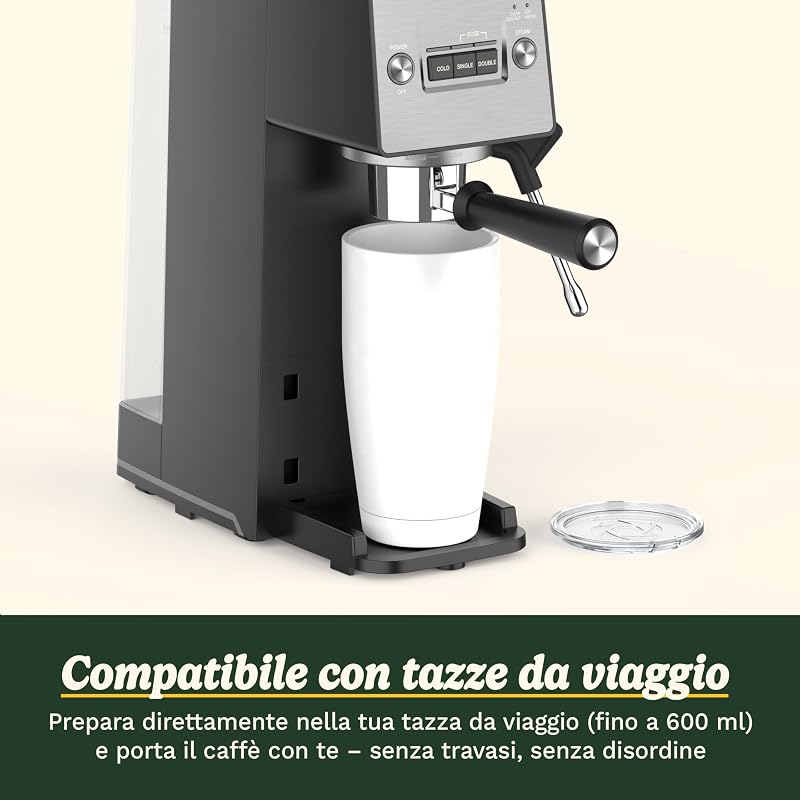 ® Macchina da Caffè Slim | Espresso, Americano, Cold Brew | Montalatte integrato | 15 Bar | Portafiltro senza fondo | Compatta | Tazze da viaggio | Serbatoio 1,5L