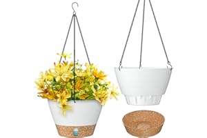 ZMTECH 2 Pack Hanging Planters for Outdoor Plants, Hanging Pots for Plants Indoor with Visible Water Level, Hanging Flower Basket with Drainage Holes & Removable Tray(10 Inch, White)
