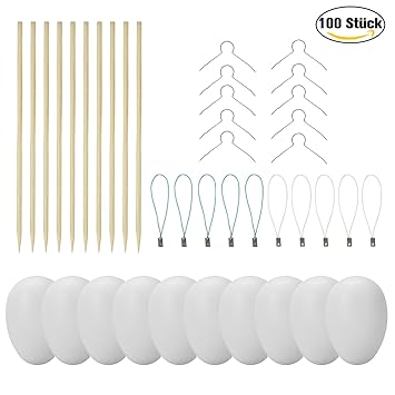 100 Deko-Eier Ostern [6 cm, Kunststoff] + 100 Aufhänger für Ostereier + 10 Schaschlik-Spieße fürs Marmorierenzum oder malen, 