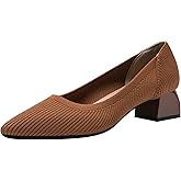 youngshow Women's Pumps Kitten Heels Pointed Toe Knit Slip On Comfortable Casual Formal Dress Shoes