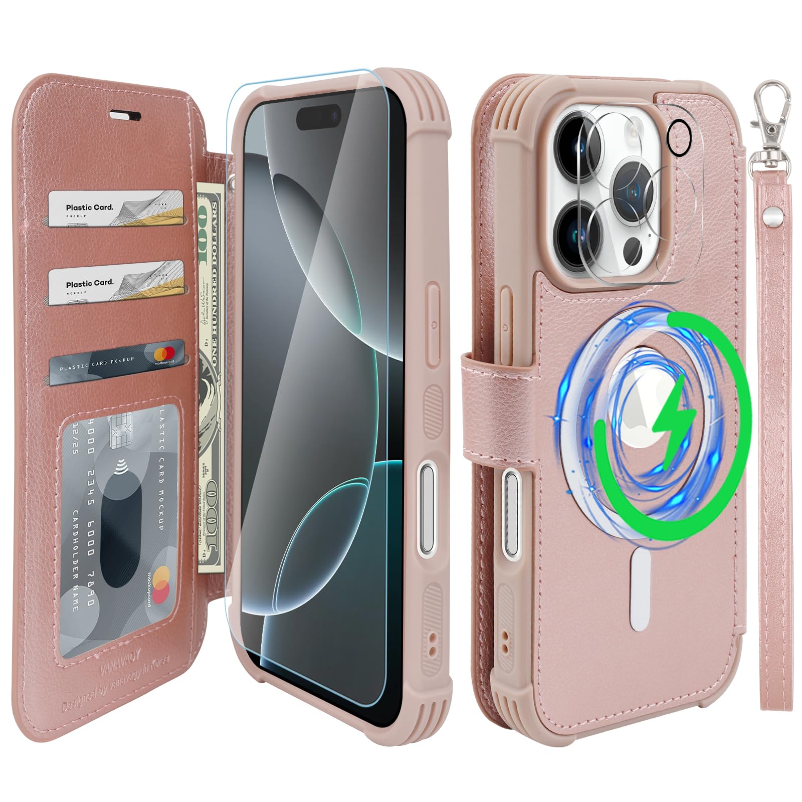VANAVAGY Compatible for iPhone 16 Pro Wallet Case for Magsafe Wireless Charging,Leather Flip Folio Wrist [Glass Screen Protectors and Camera Lens Protectors]with RFID Block Card Holder,Rose Gold