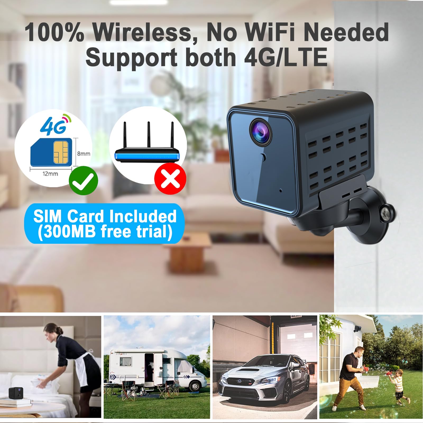 javiscam 4G No WiFi Security Camera, Cellular Security Camera, SIM Inserted, 2K QHD Indoor Camera, Radar Motion, 20-Day Standby Time, Indoor/Car/Trail Use, Portable & Reliable Security Solution