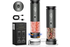 Sangcon 2-Speed Electric Salt and Pepper Grinder Set Rechargeable, Aluminum Alloy Body, 6 Adjustable Coarseness Levels, One-H