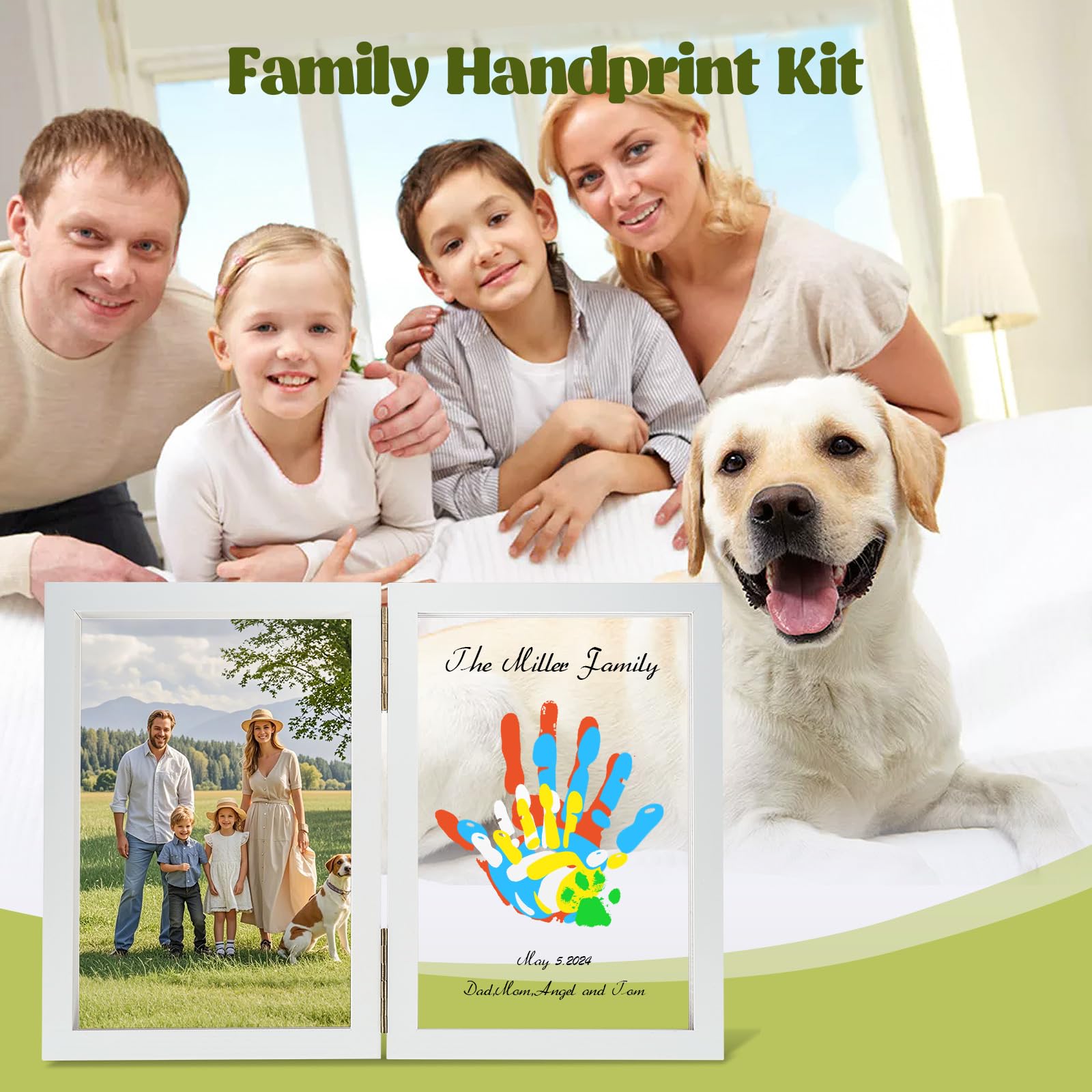 Family Handprint Kit, DIY Baby Hand and Footprint Handmade Keepsake Wooden Frame, Family Gifts with 5 Non-Toxic Baby-Safe Paint, Ideas Gift for New Parents, Grandparents, Father's Day, Mother's Day