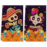 Yarcooly Day of The Dead Dish Towels for Kitchen Dia De Los Muertos Kitchen Towels Mexican Sugar Skull Marigolds Floral Decor Day of The Dead Decorations for Home Party