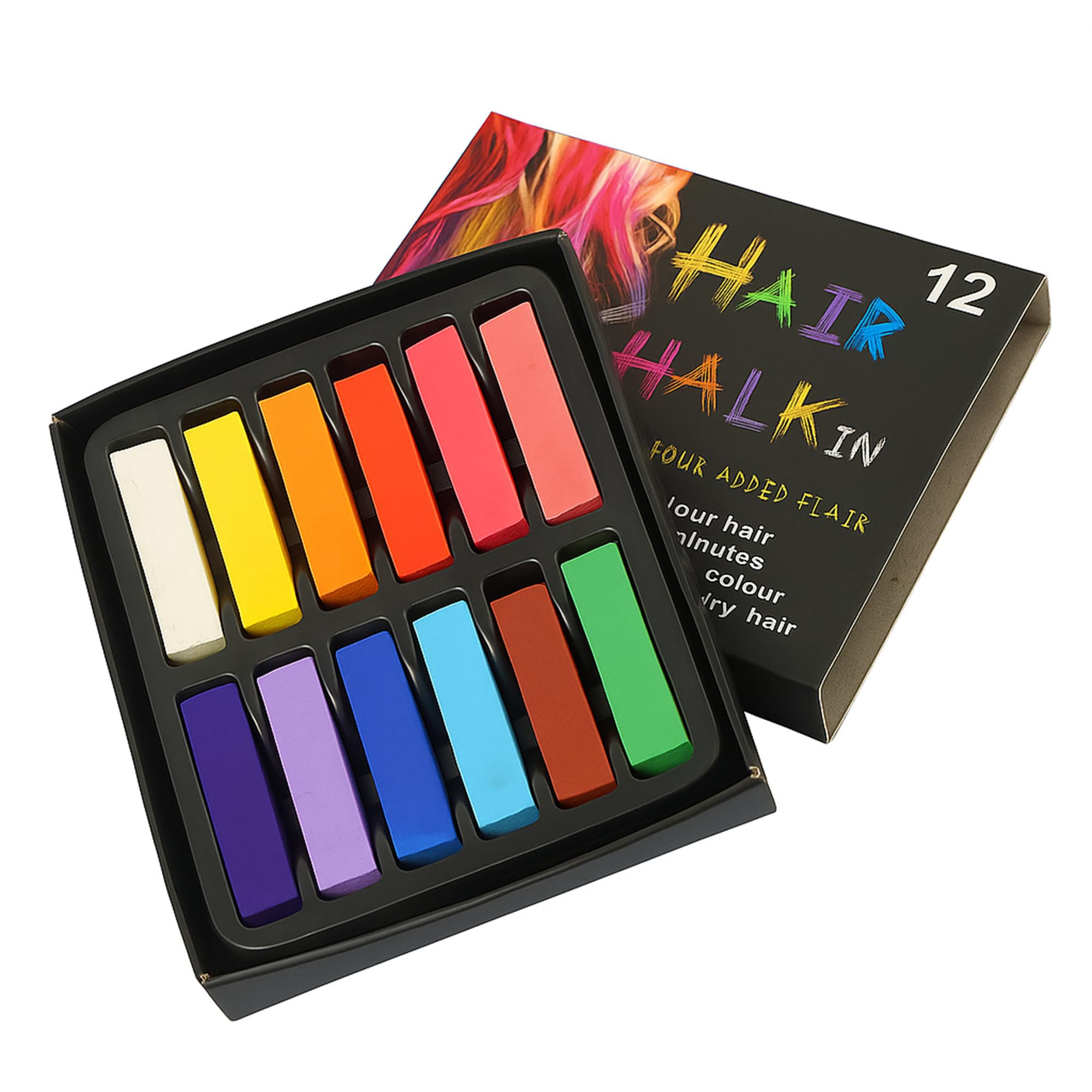 Trimming Shop 12pcs Washable Hair Chalk Sticks - Set of 12 Bright Colours Temporary Hair Colour, Non-Sticky & Easy to Apply for Festival, Halloween, Birthday Party, Fancy Dress