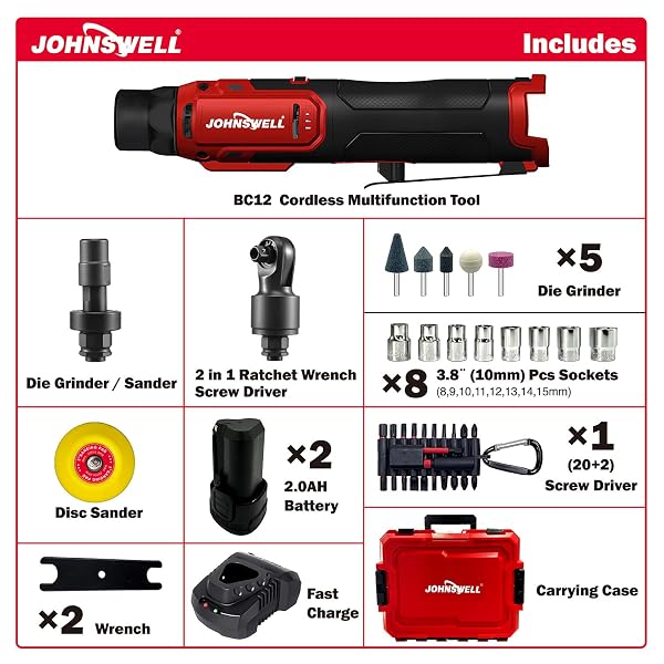JOHNSWELL 12V CORDLESS BRUSHLESS RATCHET WRENCH + DIE GRINDER + SCREWDRIVER KIT(3-IN-1), 7-SPEED CONTROL,18,000 RPM, 2 BATTERIES