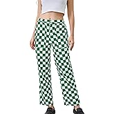 HOCANDY Womens Checkered Pants Zip Off Plaid Gingham Pants Casual Elastic High Waist Straight Leg Jeans with Pockets Green White
