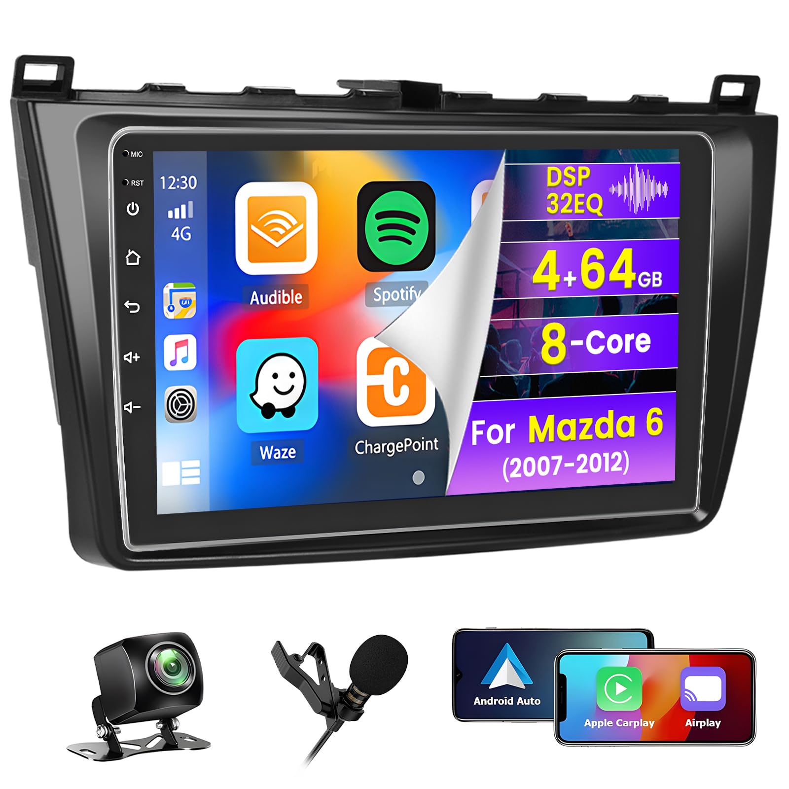 Photo 1 of 8 Core 4+64G Car Radio for Mazda 6 2007 2008 2009 2010 2011 2012, 9" Touch Screen Bluetooth Radio with Carplay Android Auto, Support Bluetooth5.0 32EQ 1280 * 720 Resolution GPS WiFi + Backup Camera