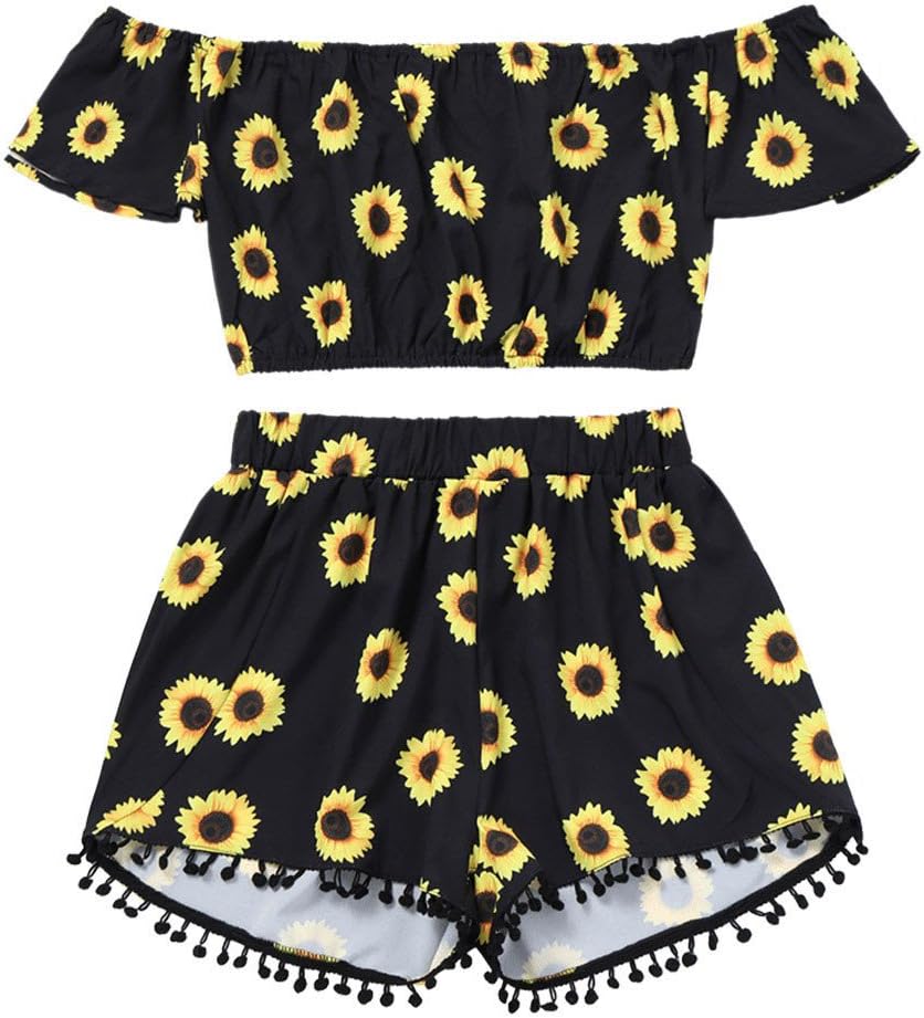 ManxiVoo Short Pants Suits! Women Off Shoulder Sunflower Print Crop Tops +Tassel Shorts Two-Piece Outfit (S, Black)