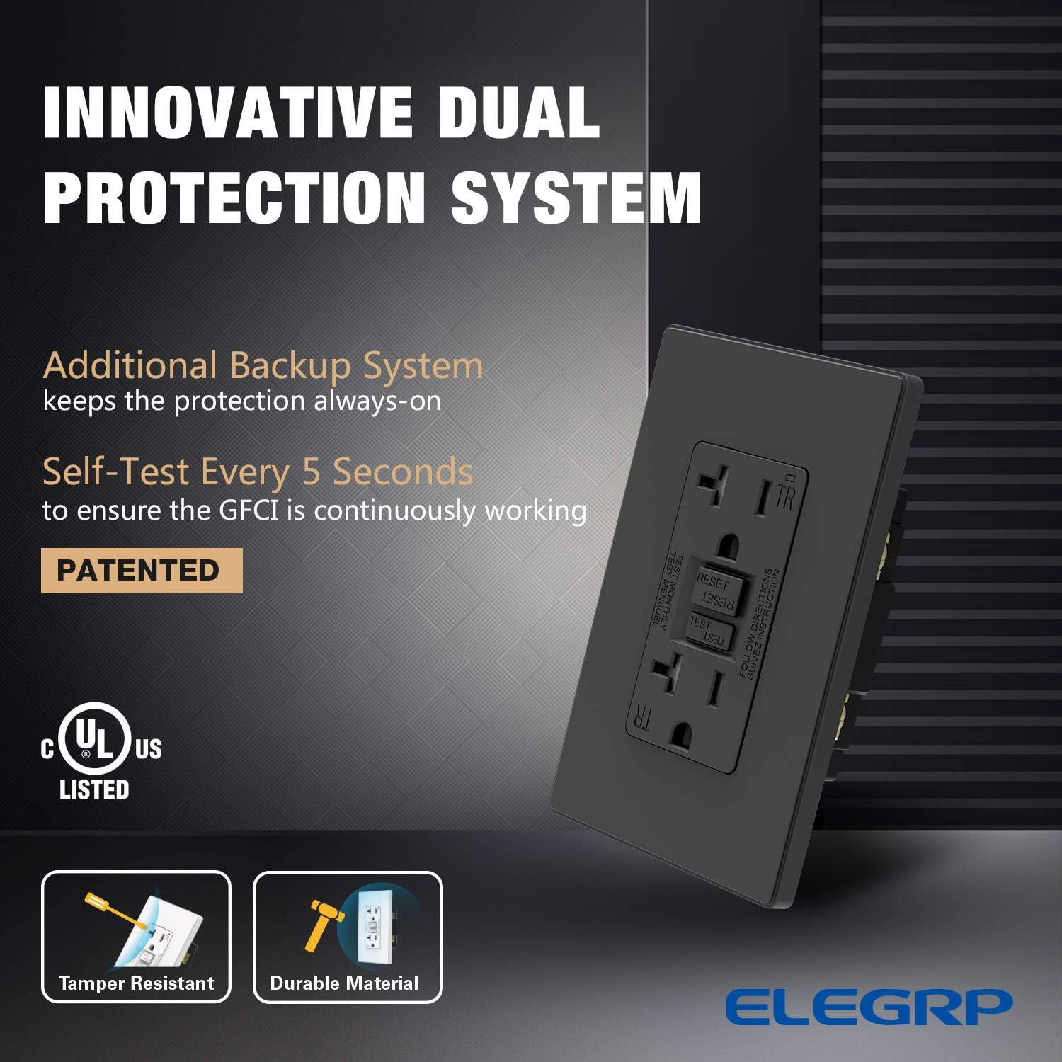 ELEGRP 20 Amp GFCI Outlet, 5-20R Narrow Design GFI Dual Receptacle, TR Tamper Resistant with LED Indicator, Self-Test Ground Fault Circuit Interrupters with Wall Plate, UL Listed (1 Pack, Matte Black) - - 