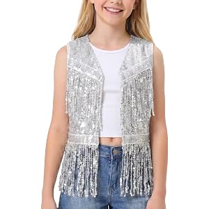 Noomelfish Girls Sequin Fringe Vest Sleeveless Tassel Sparkly Cowgirl Western Jacket Cardigan (5-14 Years)