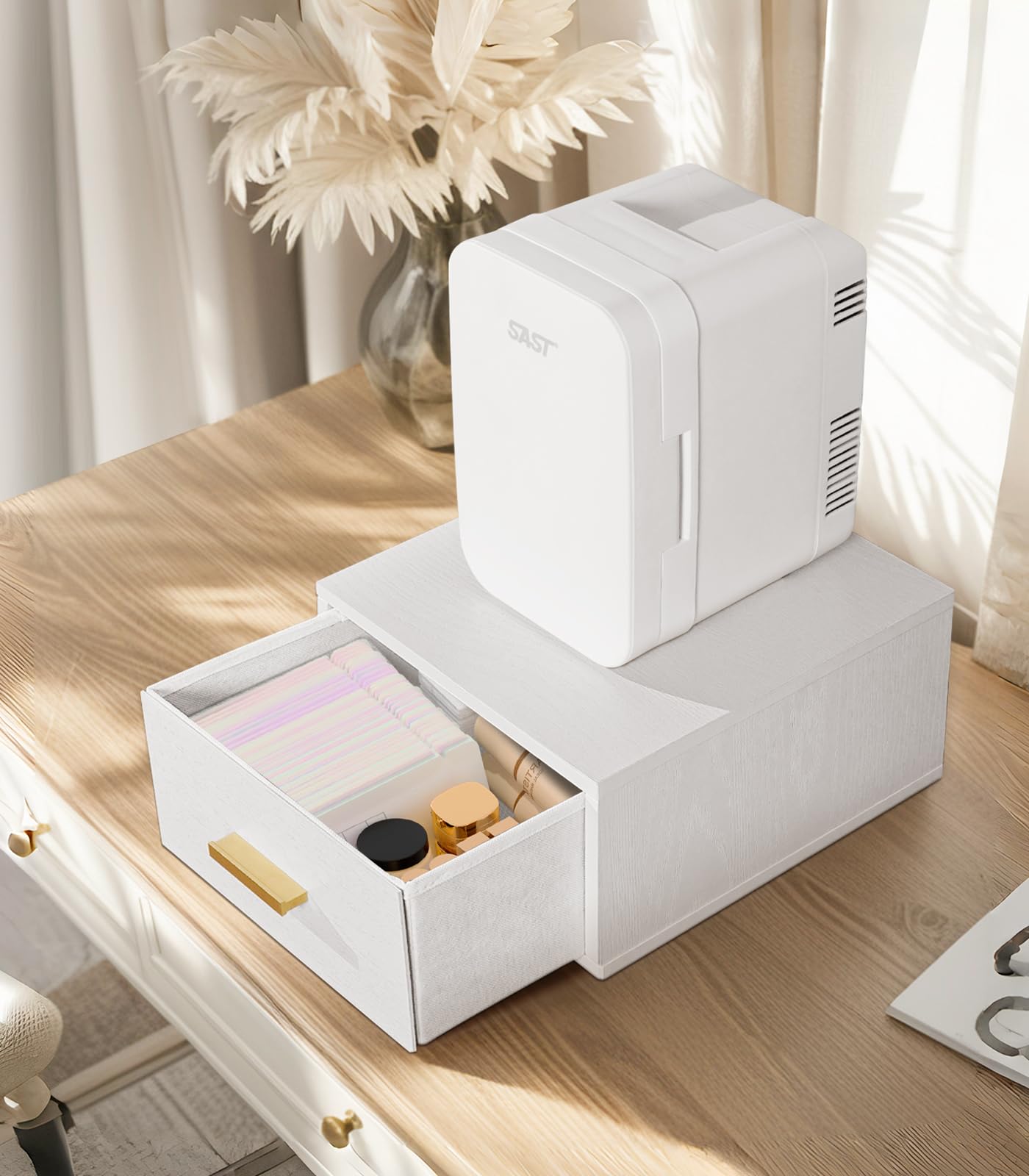 Mini Fridge Stand Holder with Drawer, Wood Vanity Organizer Countertop, Stackable Storage Drawer Box, Bathroom Counter Organizer, K-cup Coffee Pod Holder Drawer, White（Mini Fridge not included) - Image 8