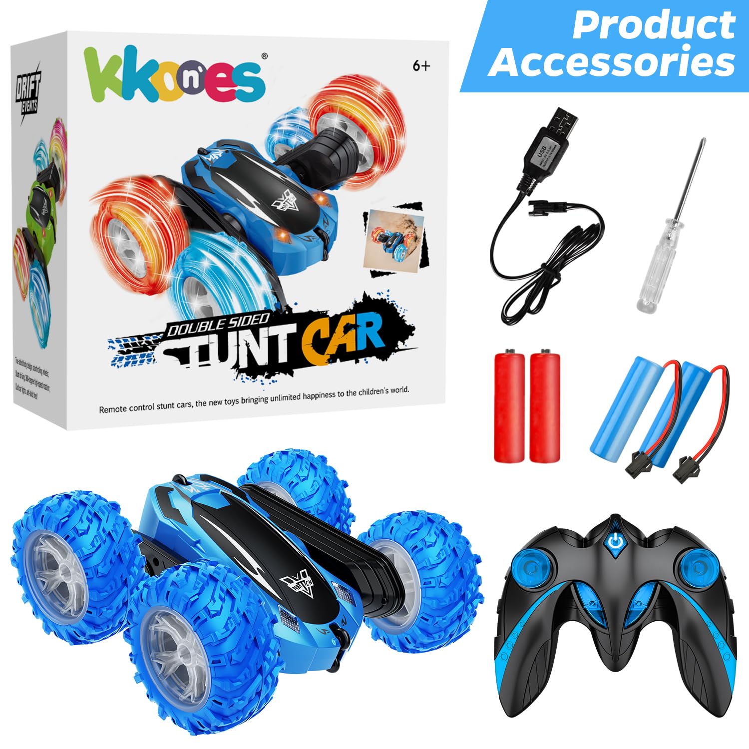 KKONES Remote Control Car, 2.4GHz Double Sided 360° Flips Rotating Electric Race RC Stunt Car, LED Wheel & Headlight High Speed Off Road Cars Toy Gift for 3 4 5 6 7 8-12 Year Old Boy Toys (Blue)
