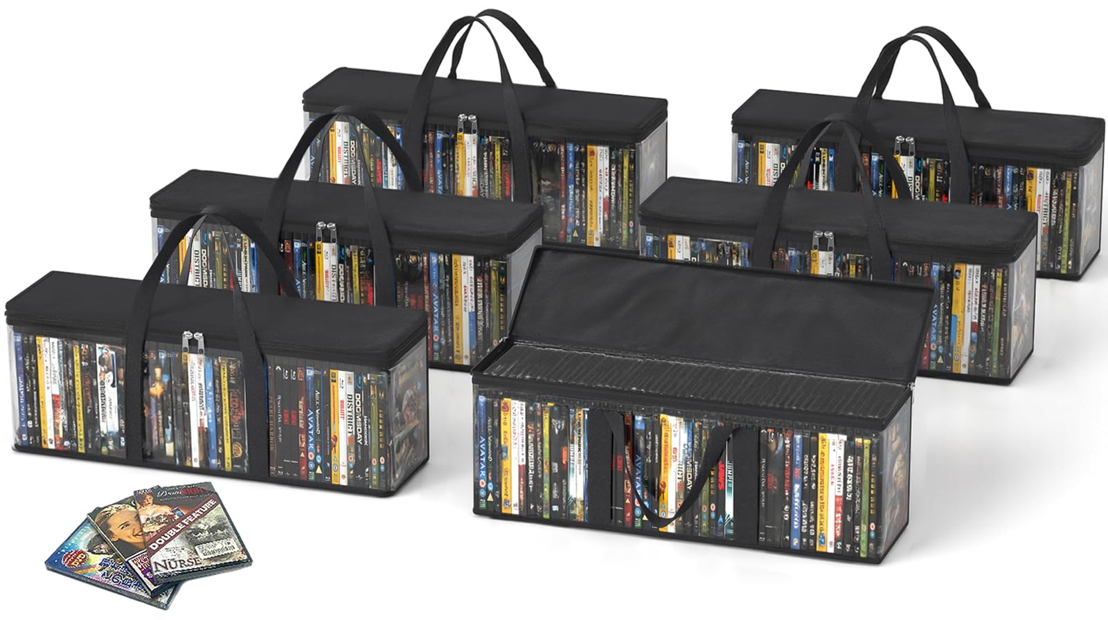 Photo 1 of DVD Storage Bags, Media Organizer Bags for DVDs, CDs, Blu Ray Disc, Movie Cases, VHS Box, Video Game Disks, Albums, Books, Clear Plastic Holders with Carrying Handles (Black, 6Pack)