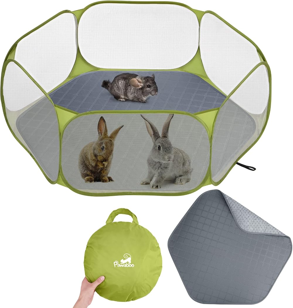 Pawaboo Small Animals Playpen with Pad Waterproof Portable Cage Tent Green Grey