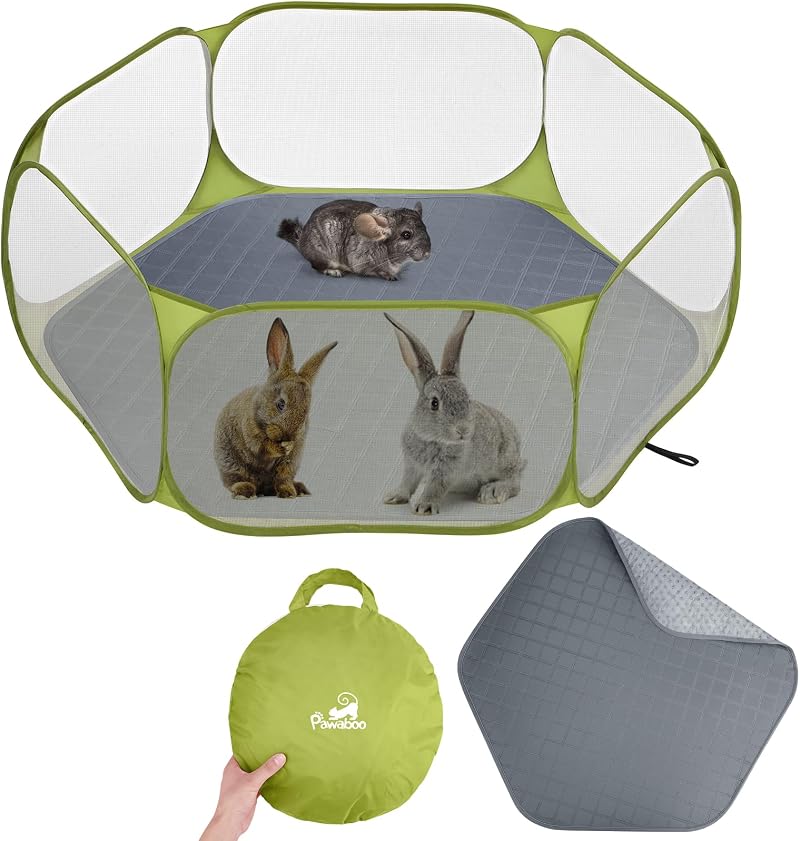 Pawaboo Small Animals Playpen with Pad Waterproof Portable Cage Tent Green Grey