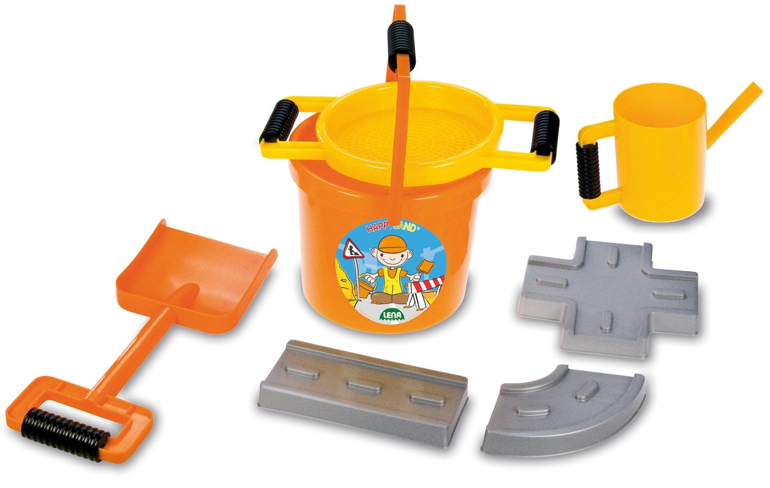 Lena 05440 Happy Sand Playset Road Construction 7-Piece Set Orange Sand Toy Set for Children from 2 Years and Above Building Playset with Bucket, Strainer, 3 Road Building Moulds, Large Sand Shovel and Oil Can