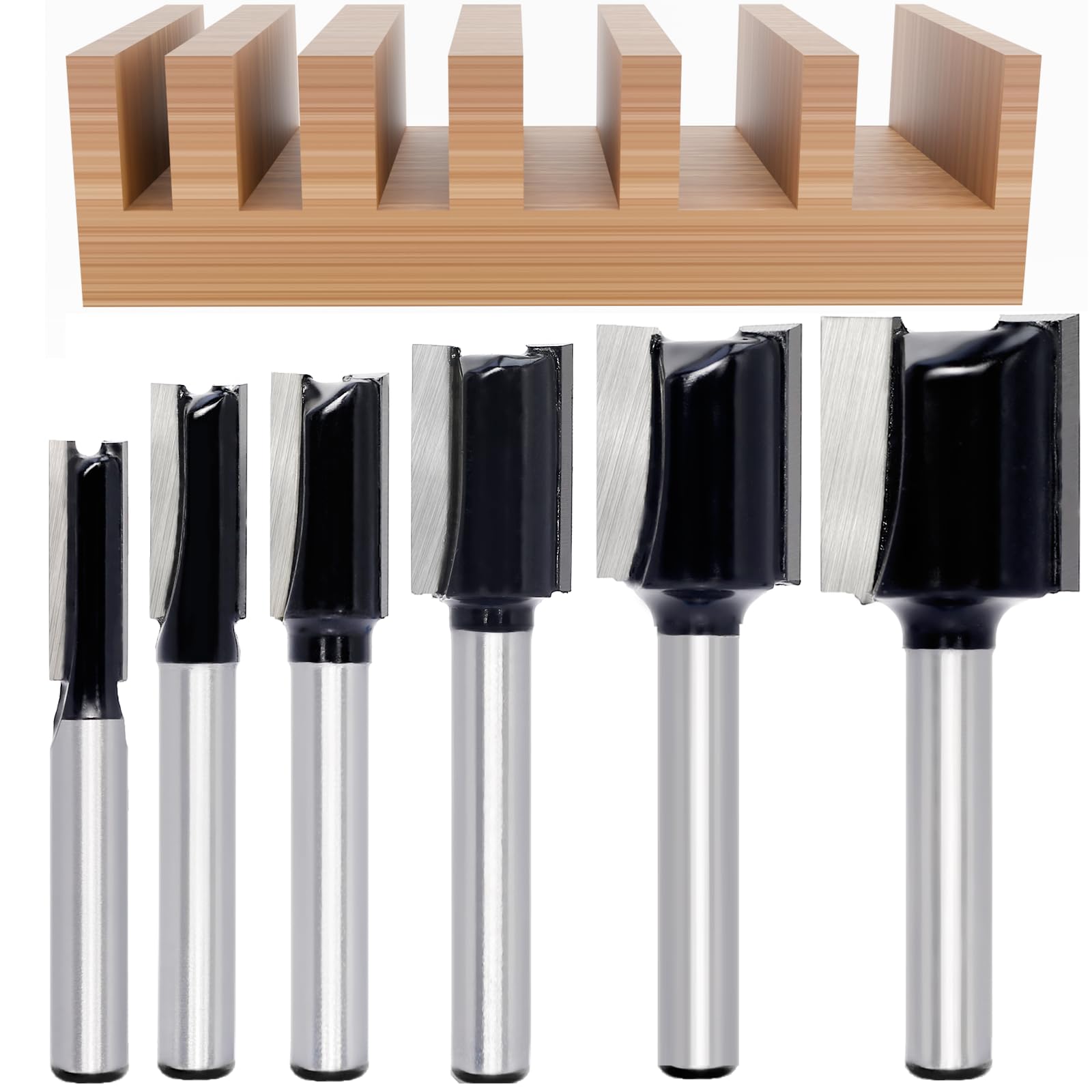 Akylin 6Pcs Straight Two Flute Router Cutter Bit, 1/4 Inch Shank Tungsten Carbide Router Cutter, Double Flute Straight Cutter |Cutting Diameter 1/4”, 5/16”, 3/8”, 1/2”, 5/8”, 3/4”, Cut height 13/16”