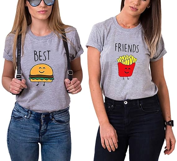 Best Friends T-Shirt für Zwei Mädchen mit Aufdruck Burger Pommes Sommer Oberteile Set für 2 Damen Beste Freunde Freundin BFF 