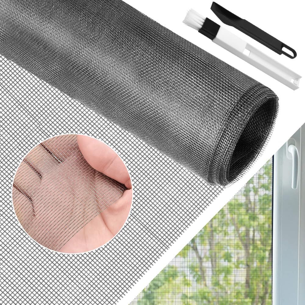 BUZIFU Window Screen Mesh 90 x 500cm Fiberglass Screen Fly Screen Wire Mesh Insect Mesh Replacement Cuttable Mosquito Net Pet Screen with Cleaning Brush for Windows Doors Patio, Cat-Proof, Grey