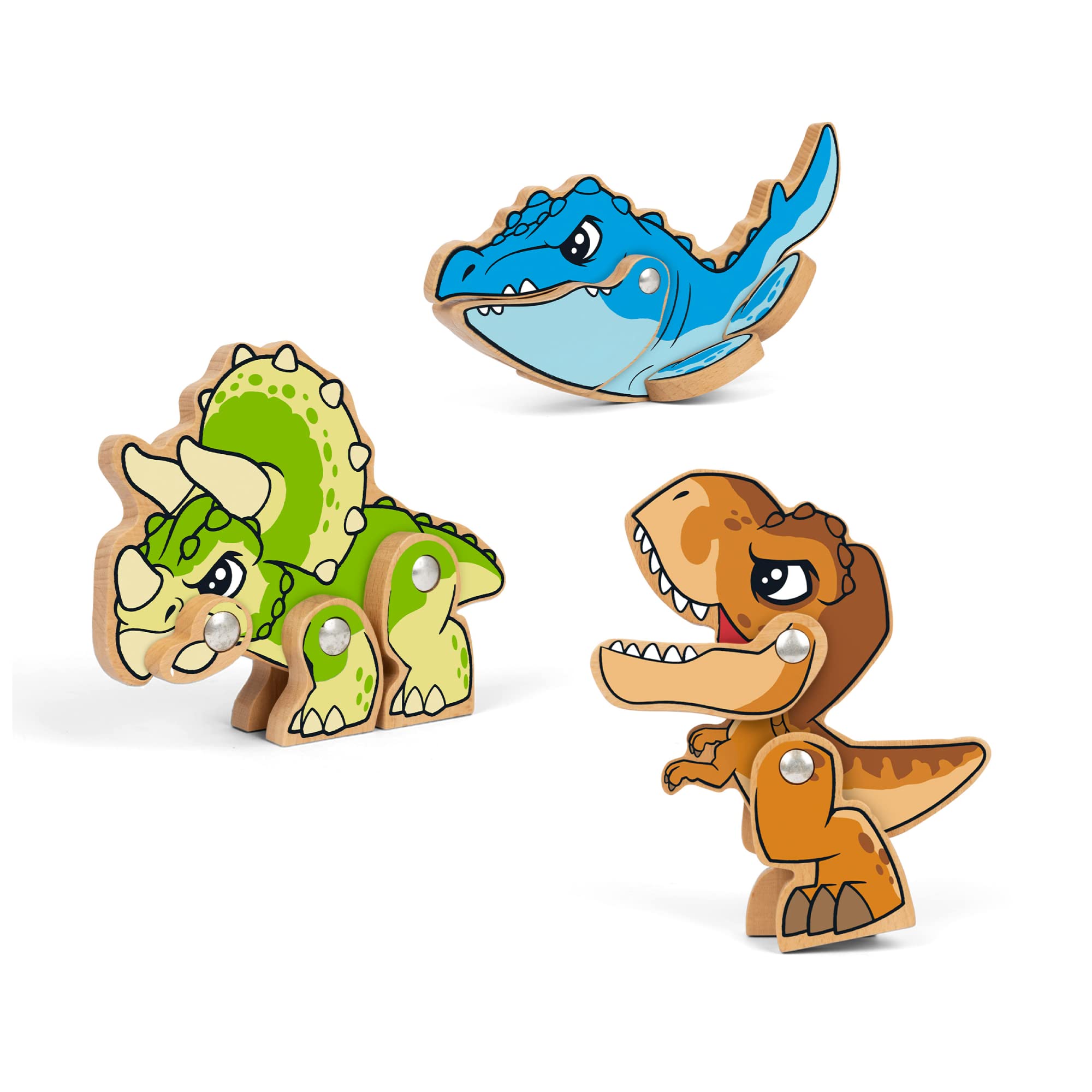 Jurassic World Toys – Triple Pack A – T-Rex, Triceratops & Mosasaurus Wooden Dinosaur Set with Movable Legs and Mouths for Imaginative Play, Colourful Shapes for 3 Years and Up – FSC Certified