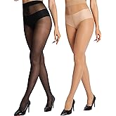 HONENNA Sheer Tights for Women 2 Pairs Ultra Thin Reinforced T Crotch Control Top Pantyhose Stockings