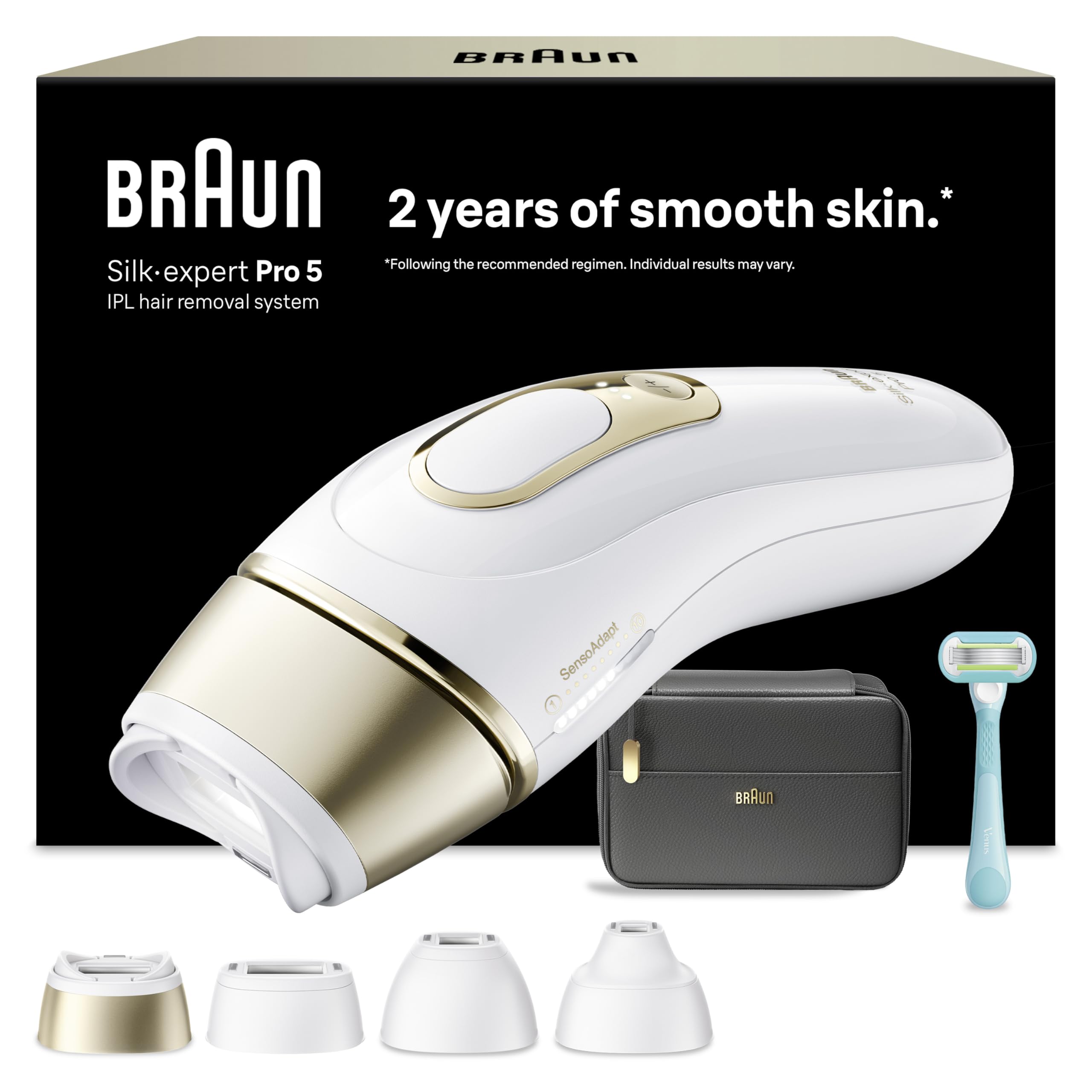 Braun Smart IPL Geräte Haarentfernung Silk·expert Pro 5 — Professionelle Dauerhafte Laser Haarentfernung für Zuhause, Designed in Germany — Inkl. Etui, Venus Rasierer, 4 Aufsätze — PL5431, Weiß/Gold