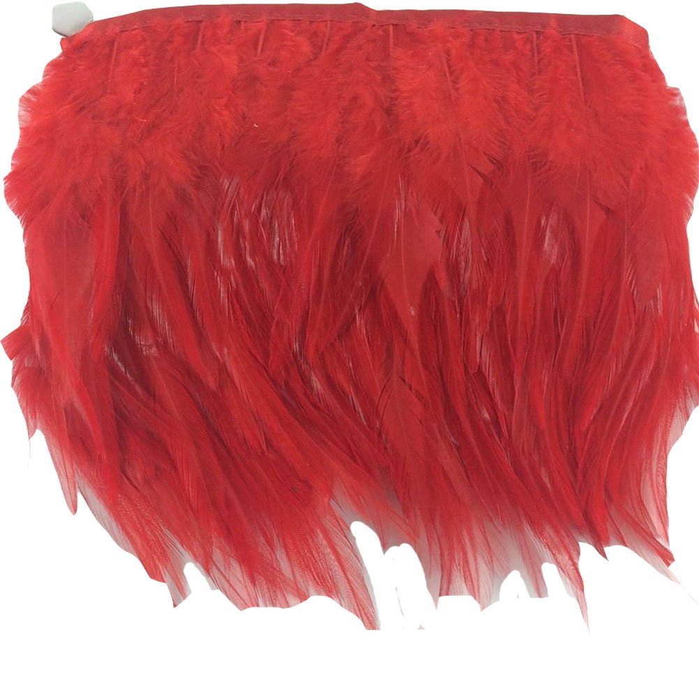 KOLIGHT Pack of 2m Natural Rooster Hackle Feather Trim Fringe 10-15cm in Width DIY Decoration (Red)
