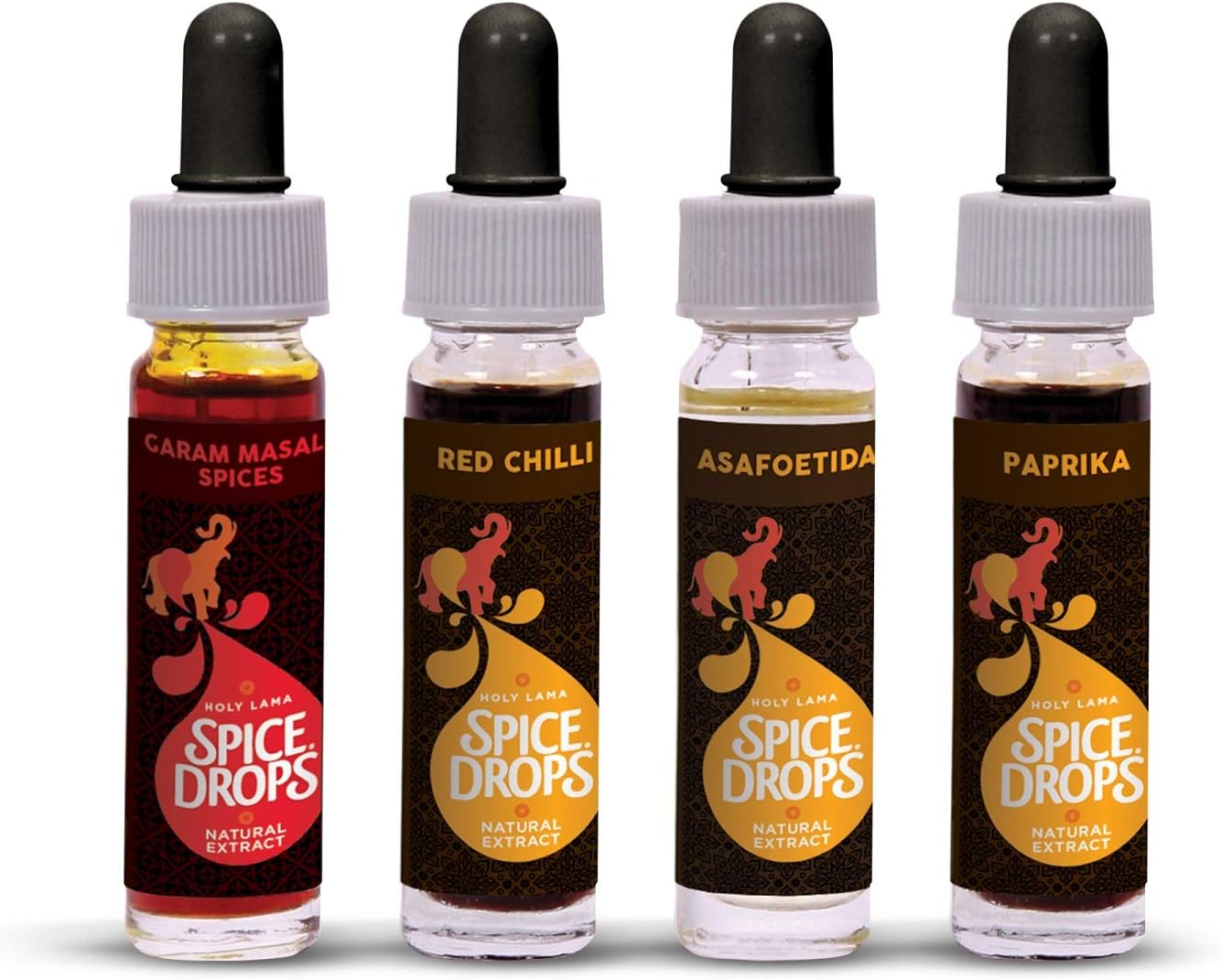 Holy Lama Indian Spice Drops Box Starter Kit for Indian Cooking - 4 Pack of Spices - Garam Masala, Red Chili, Asafoetida and Paprika - Get your free cookbook via email