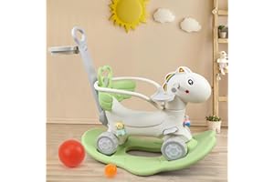 ANCAIXIN 4 in 1 Rocking Horse for Toddlers 1-3 Years Old, Balance Bike Ride On Toys with Push Handle, Backrest and Balance Board for Baby Girl and Boy, Unicorn Kids Riding Birthday (Green-New)