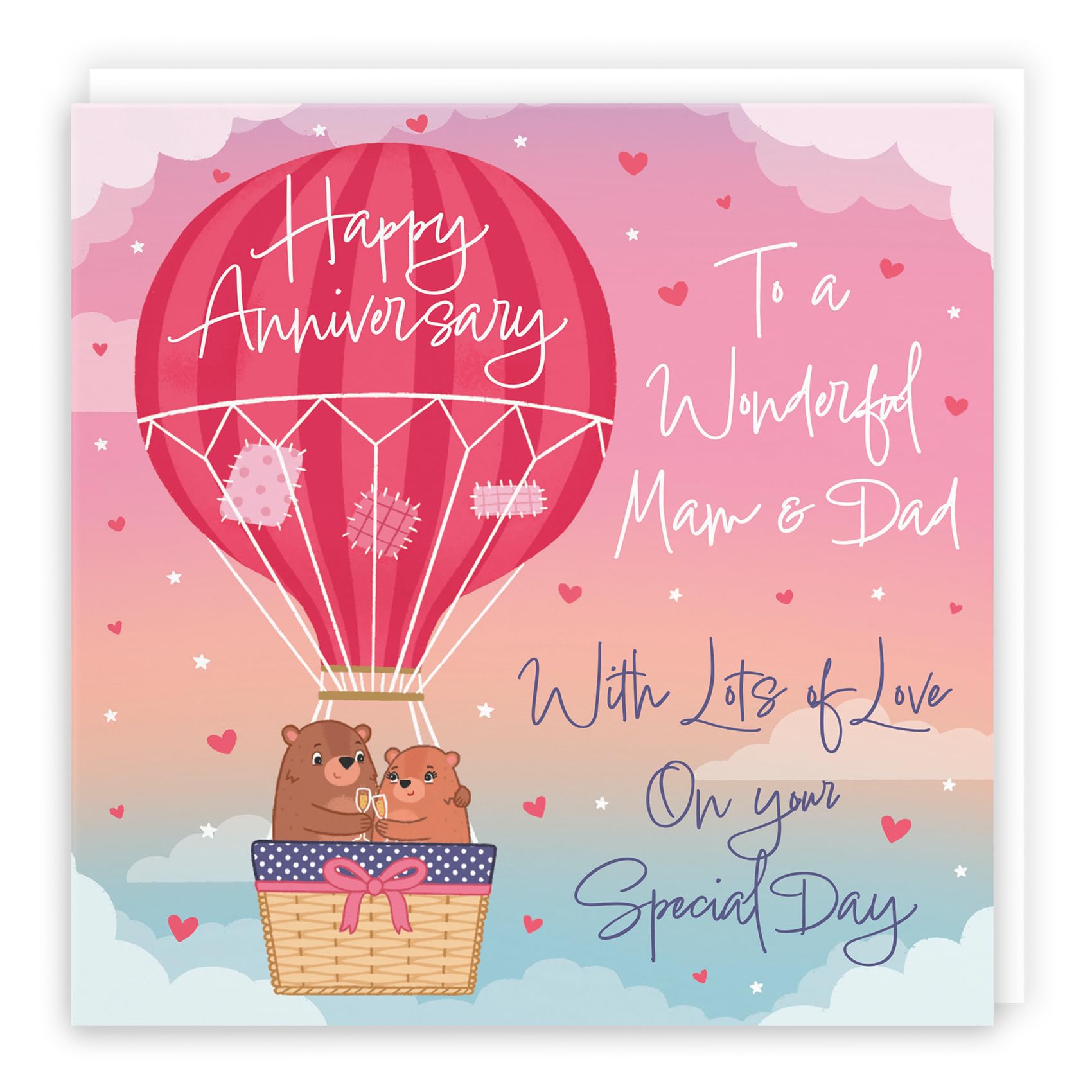 Hunts England - Mam And Dad Hot Air Balloon Anniversary Card - Cute Bears Collection - Luxury Anniversary Card For Mam And Dad - Cute Mam And Dad Anniversary Card - Champagne And Love Hearts — image 1