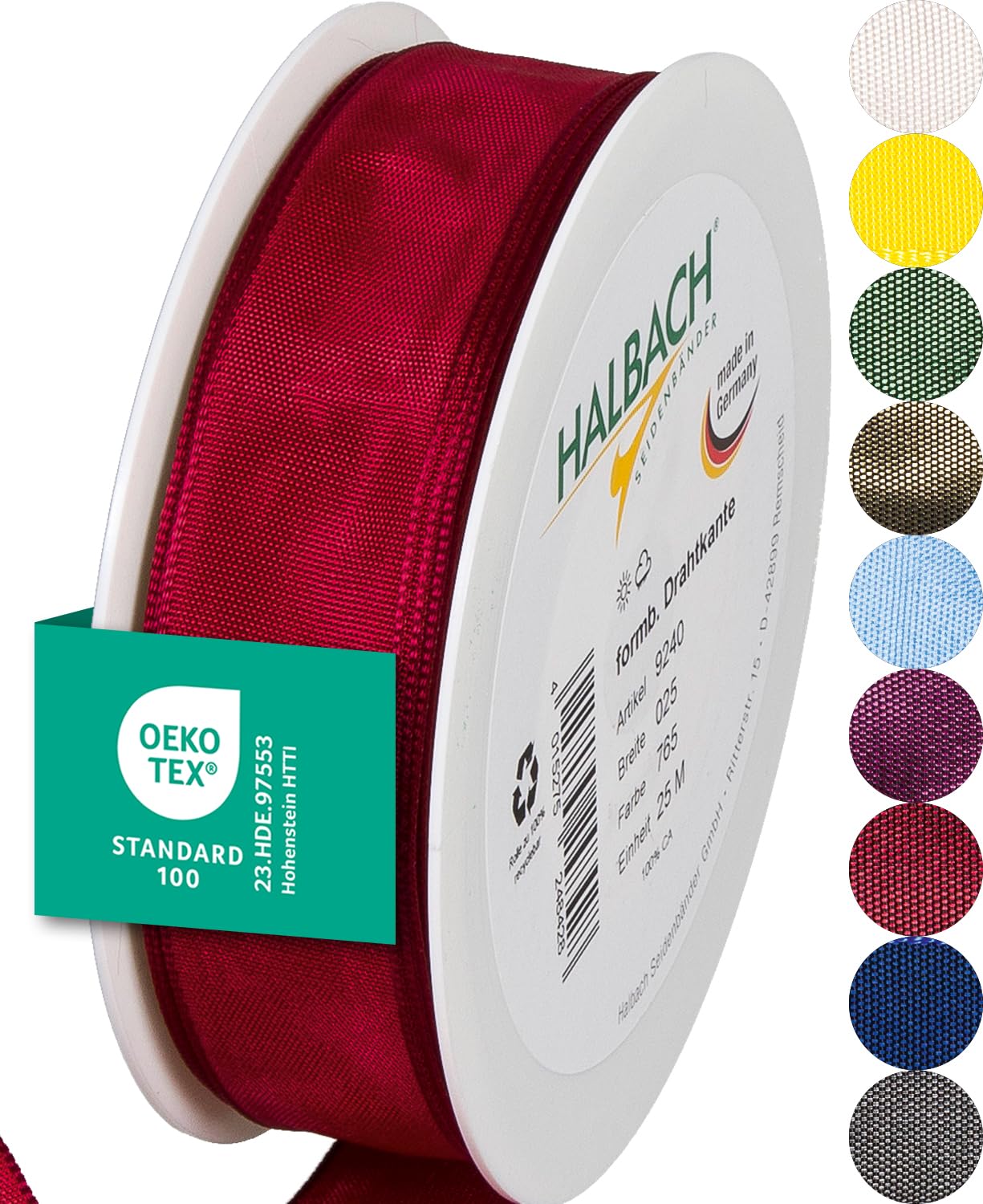 Halbach Seidenbänder Premium Gift Ribbon with Wired Edge, Width 25 mm, Length 25 m, Oeko-Tex 100 Certified Ribbon, Made in Germany, Colour: Ruby Red