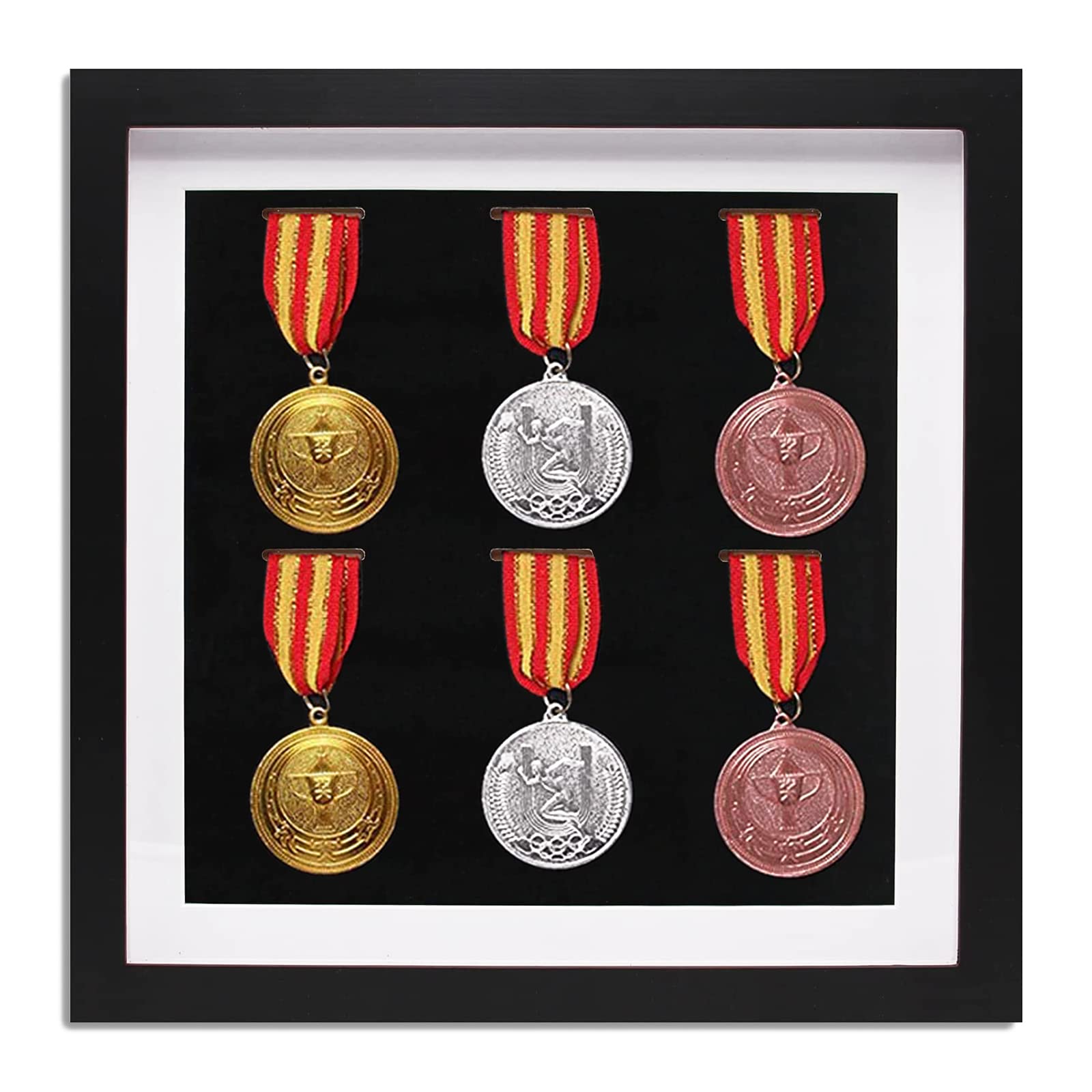 3D Deep Box Medal Display Frame, Solid Wood Picture Frame for Sports, Military, War Medals Storage & Display (Black, 33X33cm, 6 medals)