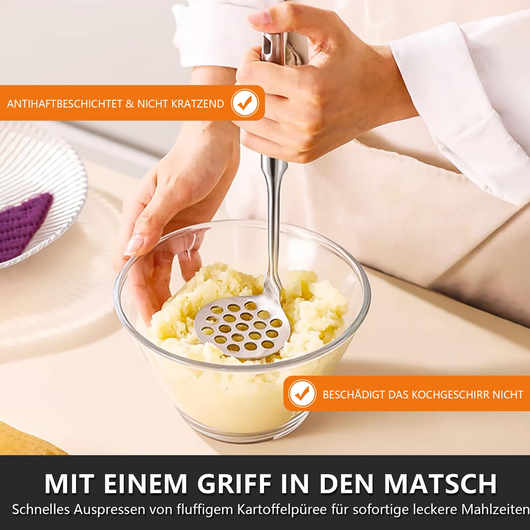 SAVORLIVING Kleiner Kartoffelstampfer, Kartoffel stampfer Edelstahl mit dickem Griff, Einteiliges Tiny Potato Masher für Kartoffelpüree,Obst und Gemüse,Spülmaschinengeeignet 5