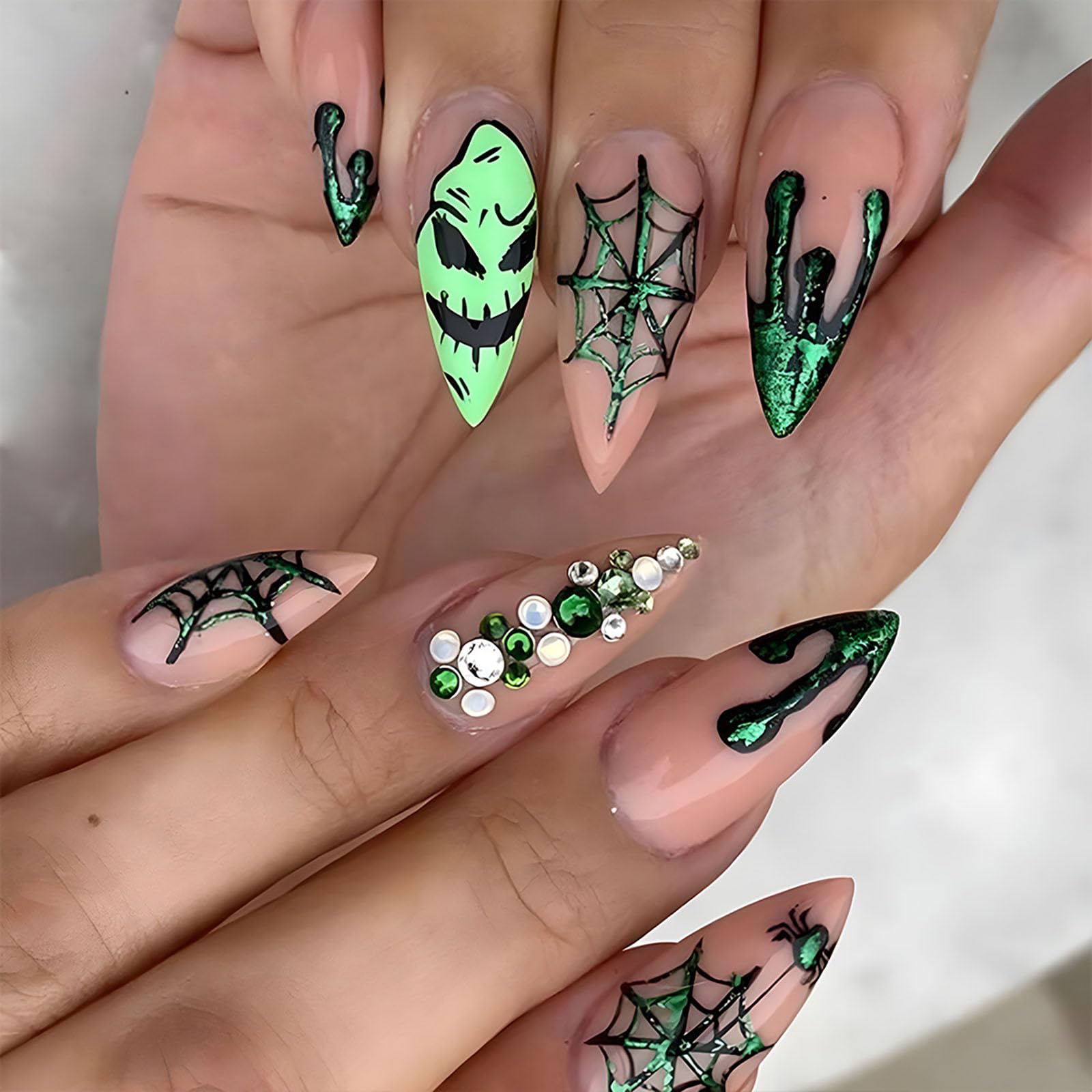 Halloween Press on Nails Medium Almond Fake Nails Nude Full Cover Green Spider Web Nightmare Christmas Nails Rhinestones False Nails with Designs Acrylic Artificial Nails for Women Girls 24Pcs
