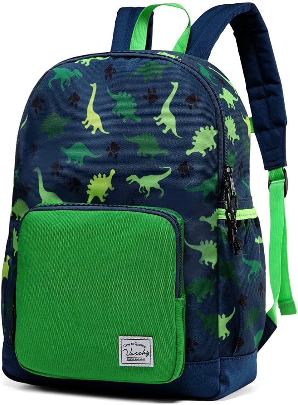 VASCHY Kids Backpack, 13L School Bag for Boys 4-6 Years Water Resistant Toddler Dinosaur Rucksack Children's Backpack with Elastic Water Bottle Pockets for Elementary School(Green Dino)