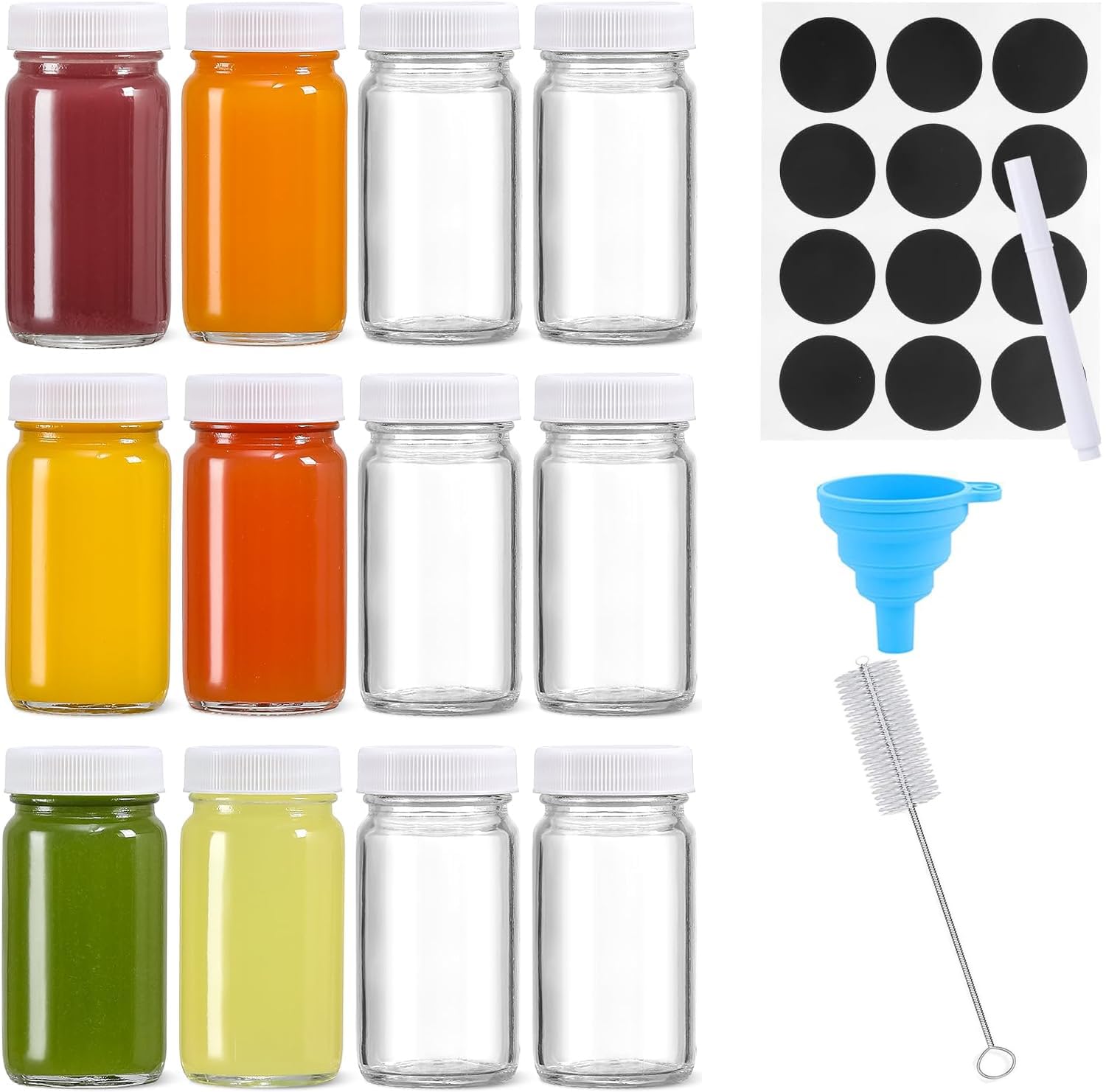 ALINK 12 Pack 2oz/60ml Reusable Mini Clear Glass Shot Bottles, Travel Bottles for Juice, Ginger, Small Glass Jars with Lids, Label, Pen.(Dishwasher Safe & Leak Proof)