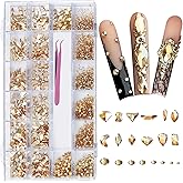 AMLAVIFISH Gold Rhinestones for Nails, 6080Pcs Gold Nail Art Rhinestones Kit, 3D Flatback Crystals Diamonds for Nail Art Design, Mix Sizes Nail Charms and Gems(Tweezers Included)