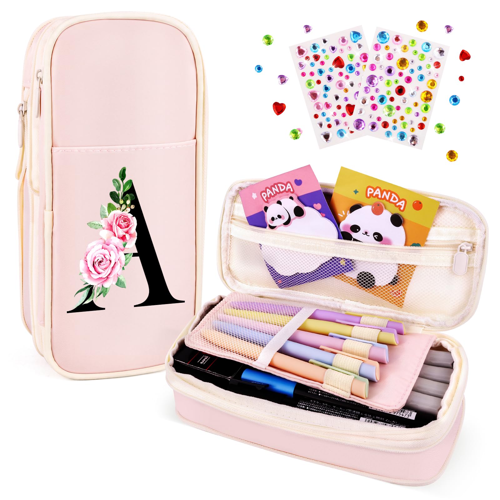 Photo 1 of WINOWIMO Preppy Pencil Case for Girls, Cute Large Pencil Pouch, Personalized Initial Pencil Bag with Zipper for School College Office Supplies, Back to School Supplies Gifts for Teen Girls (A, Pink)