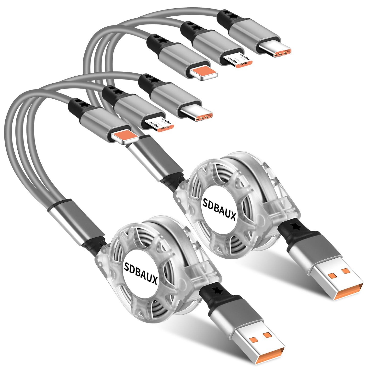 SDBAUX Multi Charger Cable, [3A/1M/2-Pack] Universal 3 in 1 USB Retractable Charging Cord Lead with Phone/Micro USB/Type C Connectors, for Phones, Android Galaxy, LG, Sony, Moto, Huawei, Xiaomi