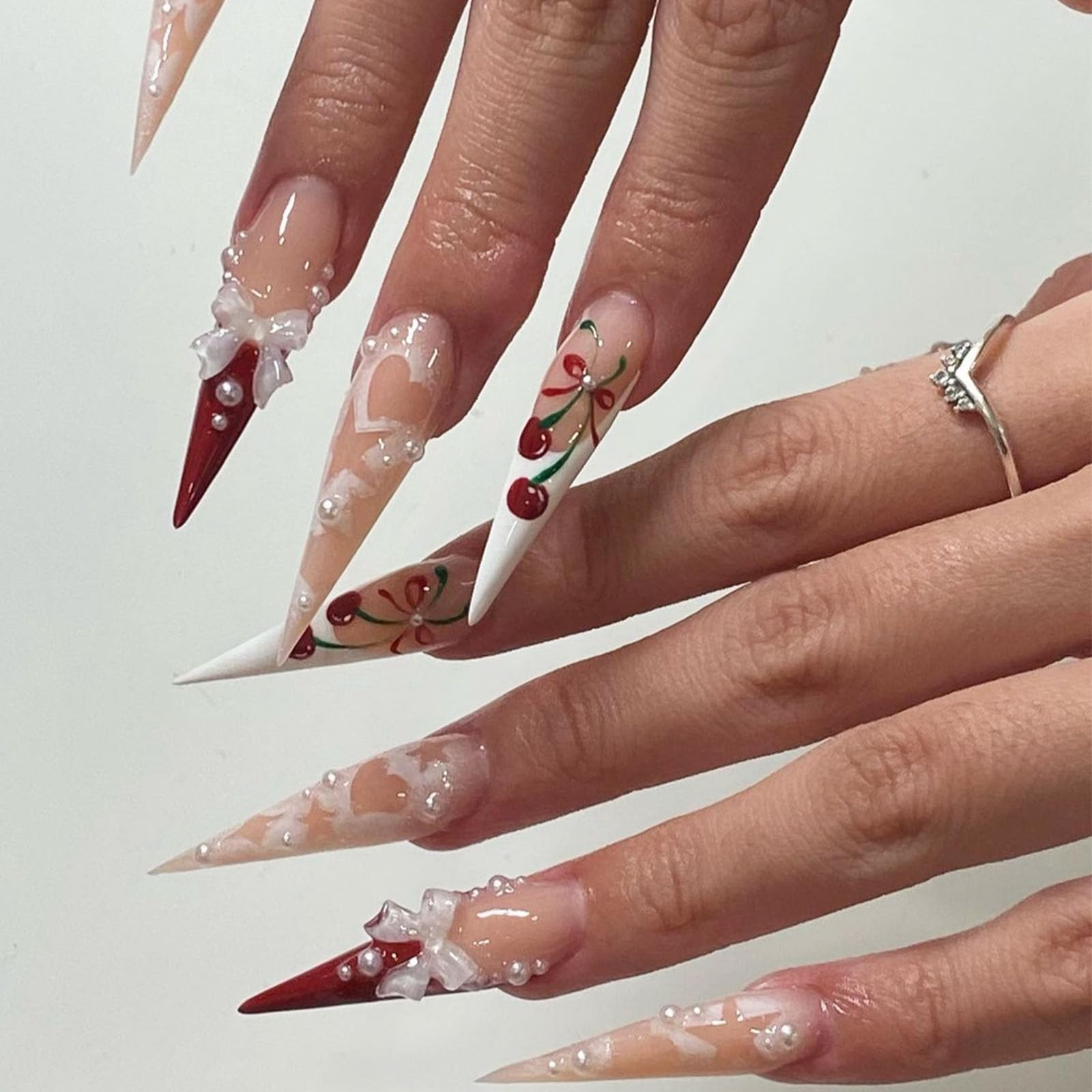 IMRAIN Long Press on Nails Stiletto Red French Tips Fake Nails Full Cover Glossy Acrylic Nails Press ons Cute Cherry & Bow Designs Glue Stick on False Nails for Women 24Pcs - Image 6