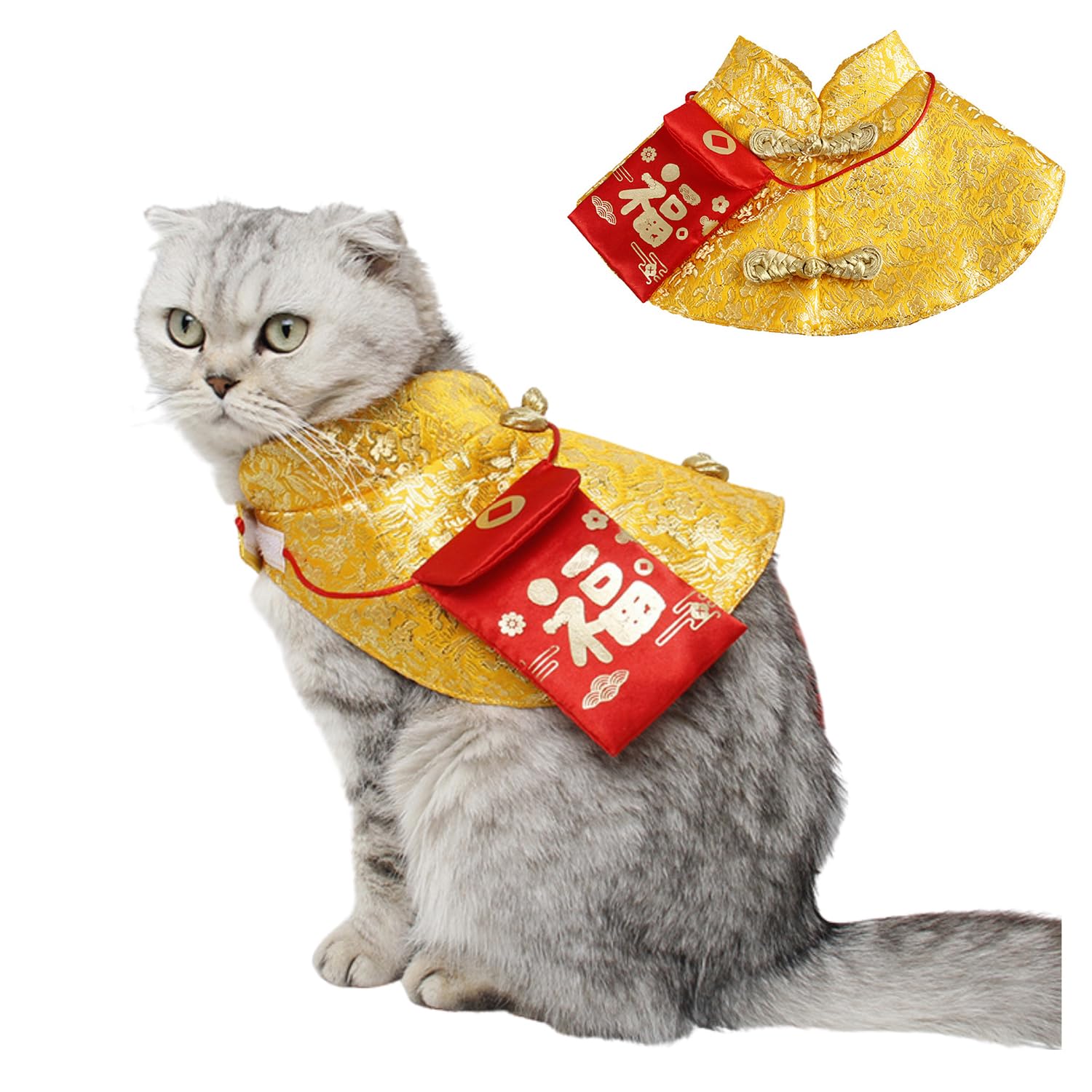 Dog Chinese New Year Costume Pets Knot Buttons Tang Suit Neck Strap Scarf Dog Chinese Style Cloak Coat Pet Vest for Cats Puppies Teddy Bichon Small Dogs (S,Gold)